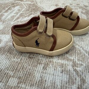 Polo by Ralph Lauren Tan Canvas Kids Velcro Sneakers with Navy Logo